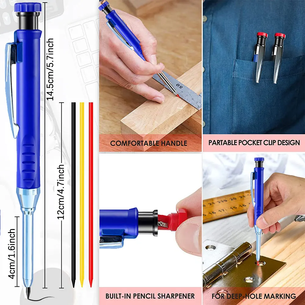 6 Colors Woodworking Automatic Pencils 2.8mm Metal Deep Hole Mechanical Pencil Built-in Sharpener for Scribing Marking Tools