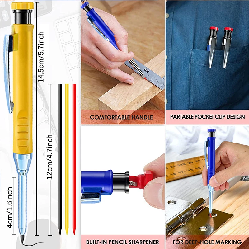 6 Colors Woodworking Automatic Pencils 2.8mm Metal Deep Hole Mechanical Pencil Built-in Sharpener for Scribing Marking Tools
