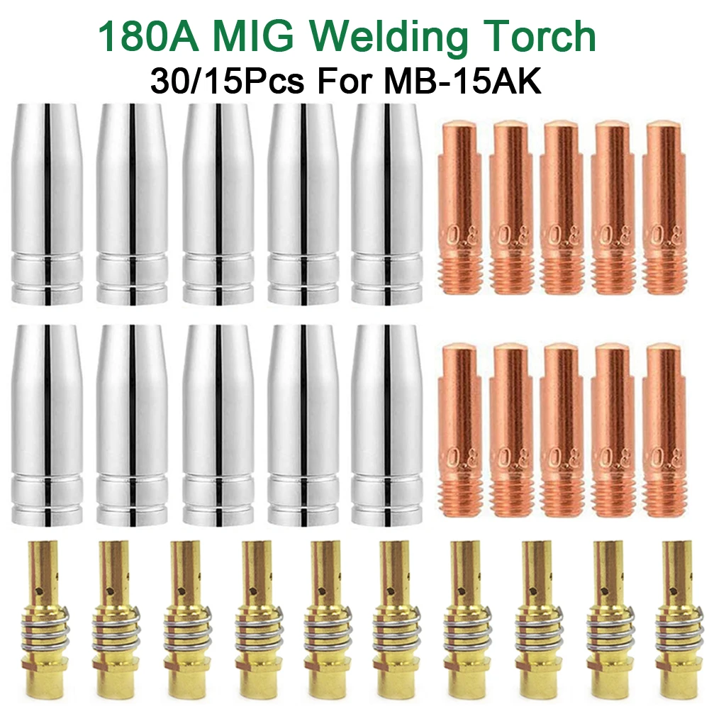 15/30pcs MB-15AK Torch Welding Consumables 180A MIG Torch Gas Nozzle Tips Holder Gun Neck Wrench for 15AK MIG Welding Machine 15/30pcs MB-15AK Torch Welding Consumables 180A MIG Torch Gas Nozzle Tips Holder Gun Neck Wrench for 15AK MIG Welding Machine
