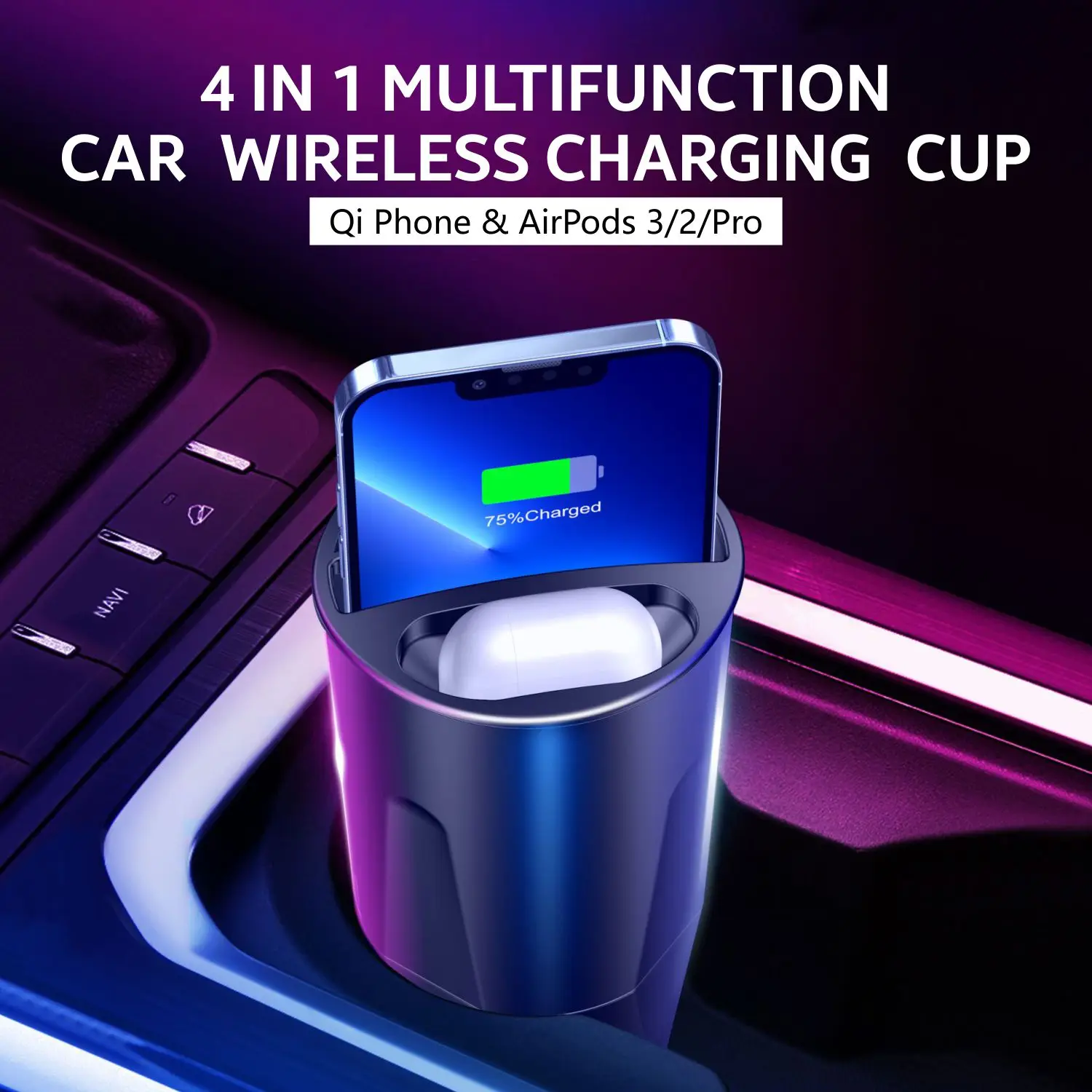4 in 1 Multifunctional Car Wireless Charging Cup,15W Charging,Support Qi Phone Wireless Charging for iPhone Series for AirPods