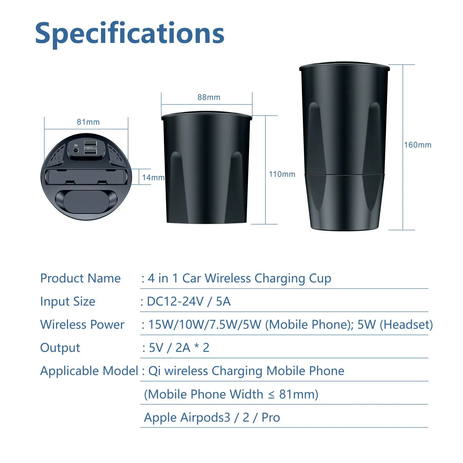 4 in 1 Multifunctional Car Wireless Charging Cup,15W Charging,Support Qi Phone Wireless Charging for iPhone Series for AirPods