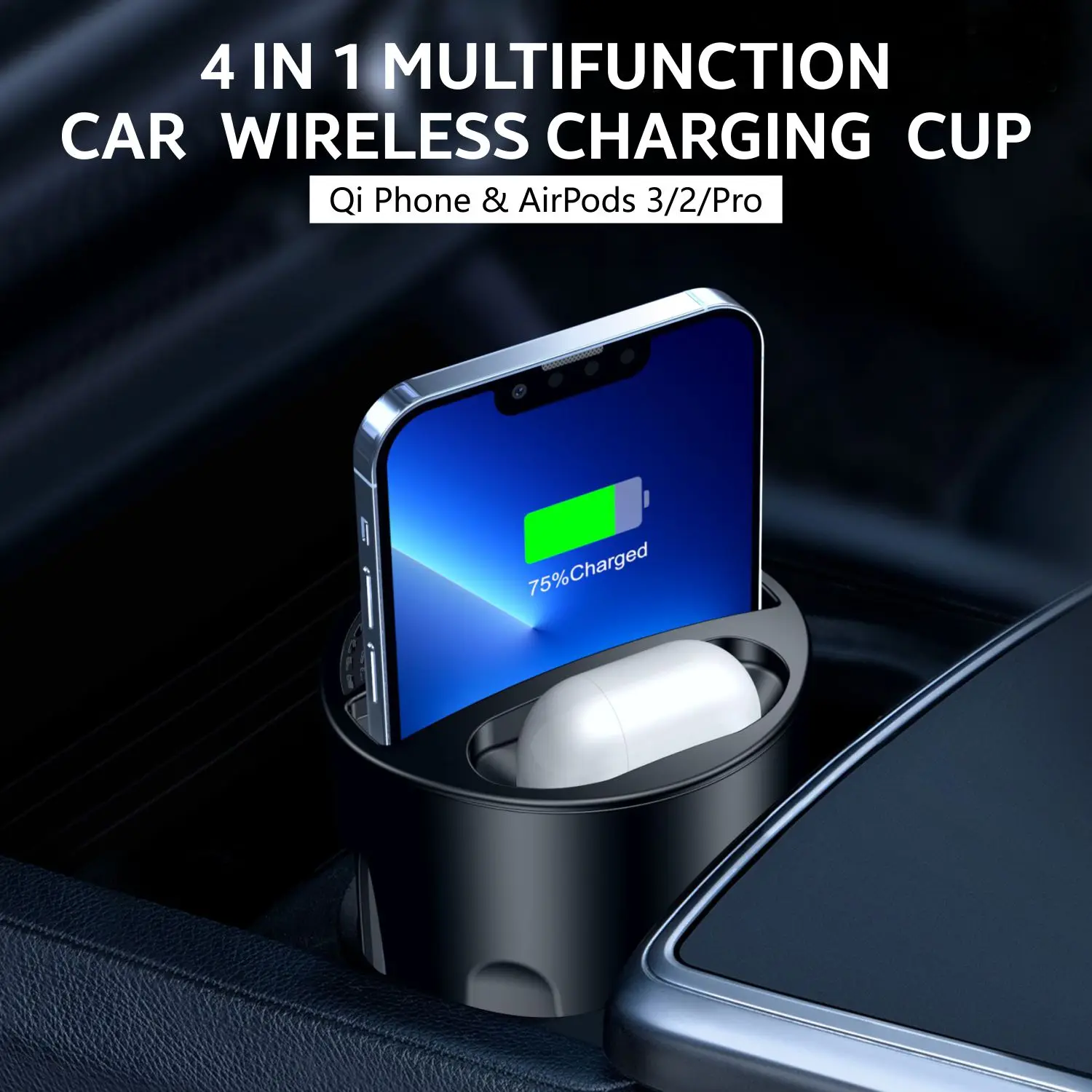 4 in 1 Multifunctional Car Wireless Charging Cup,15W Charging,Support Qi Phone Wireless Charging for iPhone Series for AirPods