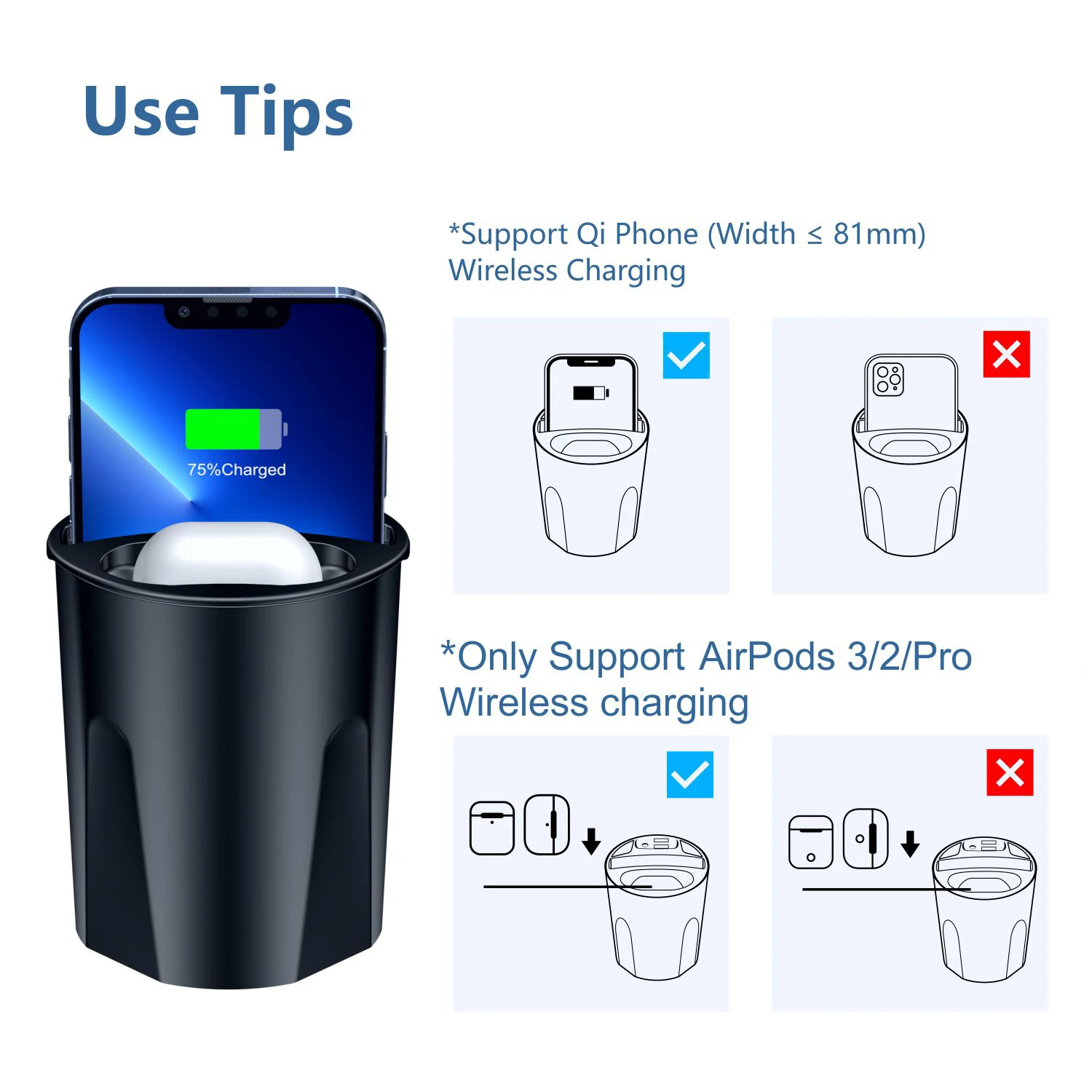 4 in 1 Multifunctional Car Wireless Charging Cup,15W Charging,Support Qi Phone Wireless Charging for iPhone Series for AirPods