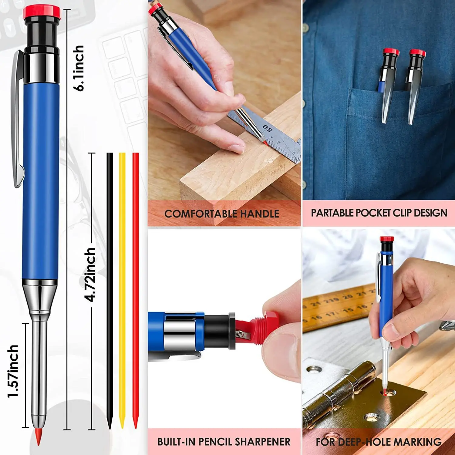 3pcs/set 2.8mm Metal Woodworking Pencil Deep-hole Marker Mechanical Pen Built-in Pencil Sharpener for Marking Tools Supplies